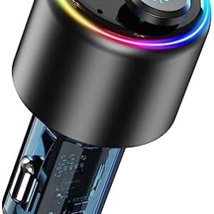 BCADON Bluetooth 5.3 FM Transmitter for car, Type-C PD 30W & QC3.0 18W USB Car Charger, Cigarette Lighter Bluetooth Car Adapter for Music, Hands-Free Call, Hi-Fi MP3 Player, 7 Colors LED Backlit
