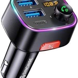 Syncwire Bluetooth 5.3 FM Transmitter Car Adapter 48W (PD 36W & 12W) [Light Switch] [HiFi Bass Sound] [Fast Charging] Wireless Radio Music Adapter LED Display Hands-Free Calling Support USB Drive