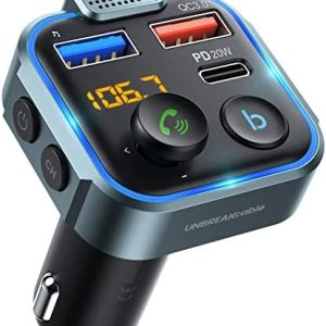 UNBREAKcable Bluetooth 5.0 FM Transmitter for Car, [PD 20W + QC 3.0] [Stronger Microphone & HiFi Bass Sound] Cigarette Lighter Radio Music Adapter Charger, Supports Hands-Free Siri Google Assistant